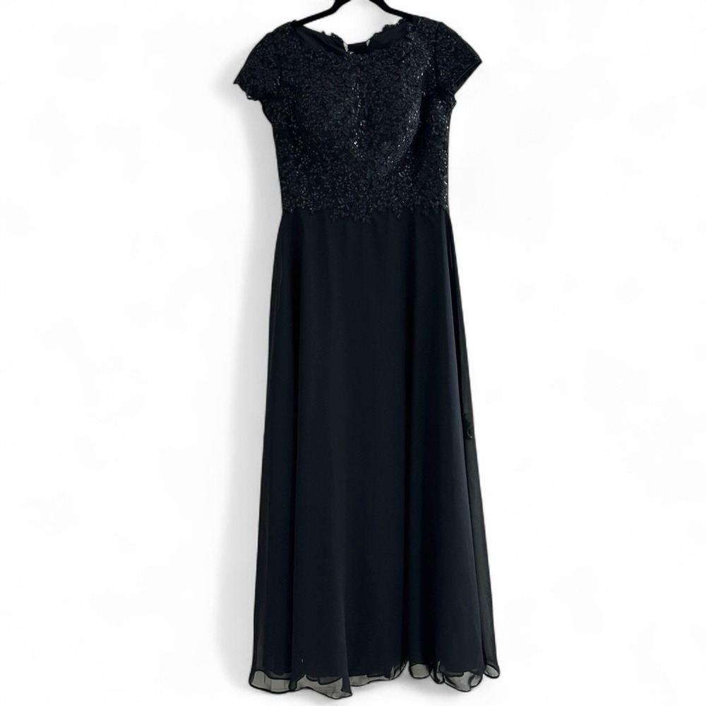 NWT Black Formal Floral Sequin Lace Up Corset‎ Short Sleeve Long Dress Padded 14